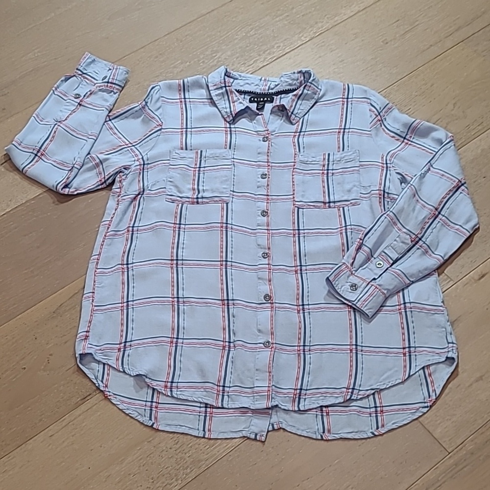 Tribal/Anthropologie Shirt Women's sz M Cate Blue/Pink Plaid Button Down Shirt